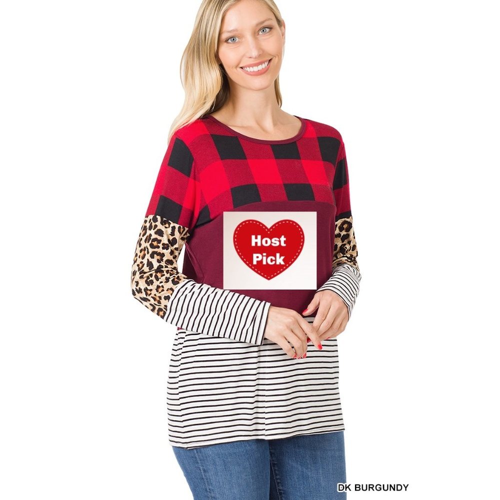 Buffalo Plaid Leopard Striped Top - Red and Black Long Sleeves Top
